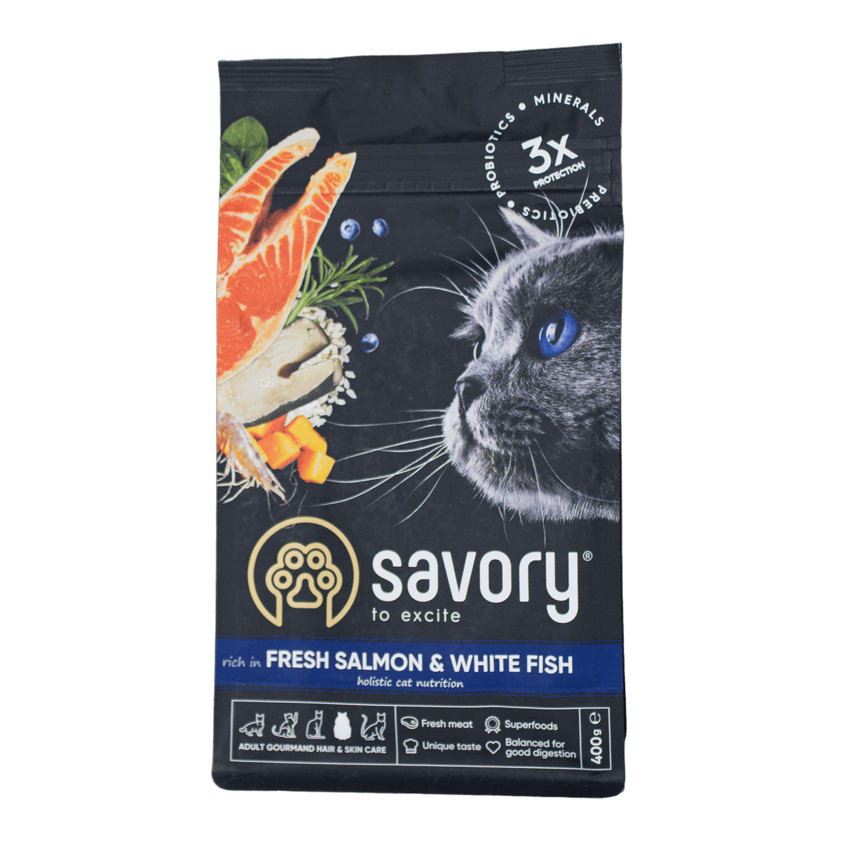 Корм Savory зі свіжим лососем і білою рибою для дорослих котів 400г
