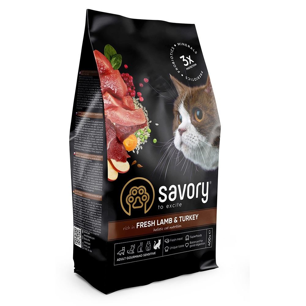 Корм Savory зі свіжою ягнятиною та індичкою для дорослих котів з чутливим травленням 400г