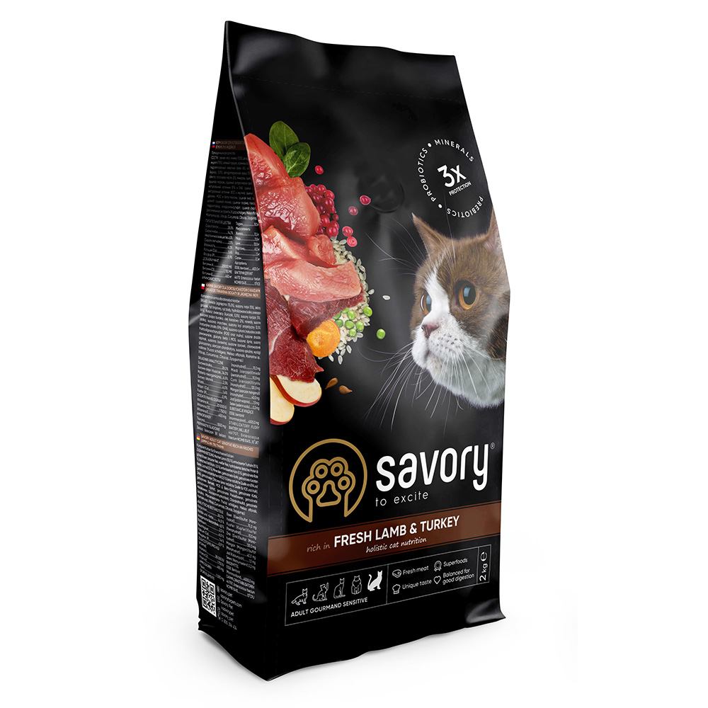 Корм Savory з ягнятиною та індичкою для дорослих котів з чутливим травленням сухий 2кг