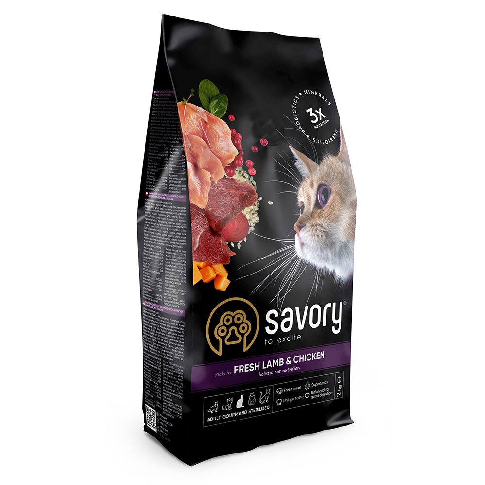 Корм Savory з ягнятиною та куркою для стерилізованих котів сухий 2кг