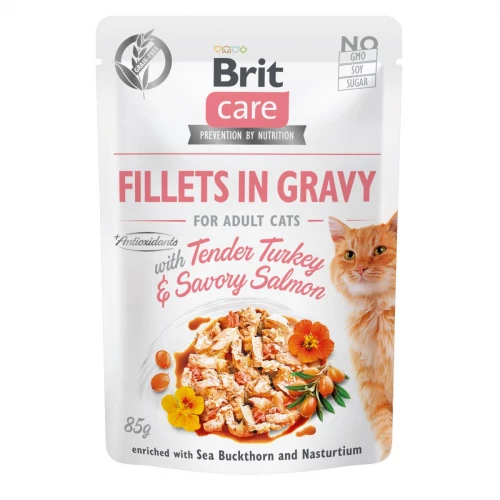 Корм Brit Care з індичкою та лососем філе в соусі вологий для котів 85г