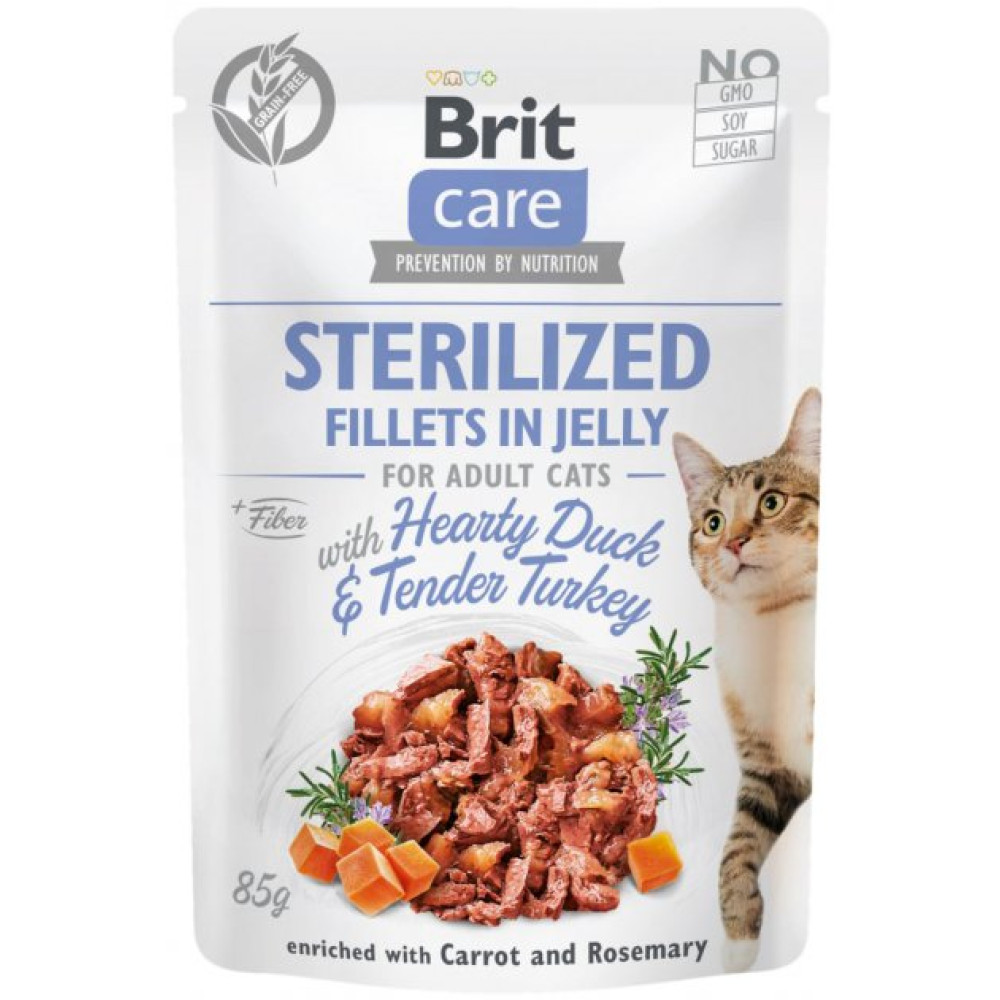 Корм Brit Care з качкою та індичкою філе в желе вологий для стерилізованих котів 85г