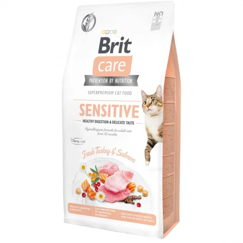 Корм Brit Care з індичкою та лососем беззерновий сухий для котів з чутливим травленням 7кг