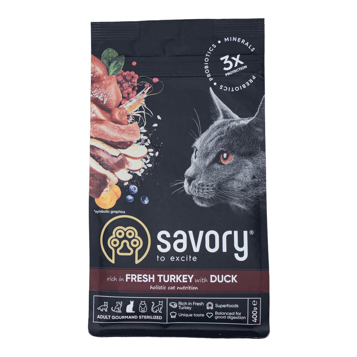 Корм Savory зі свіжою індичкою та качкою сухий для стерилізованих котів 400г