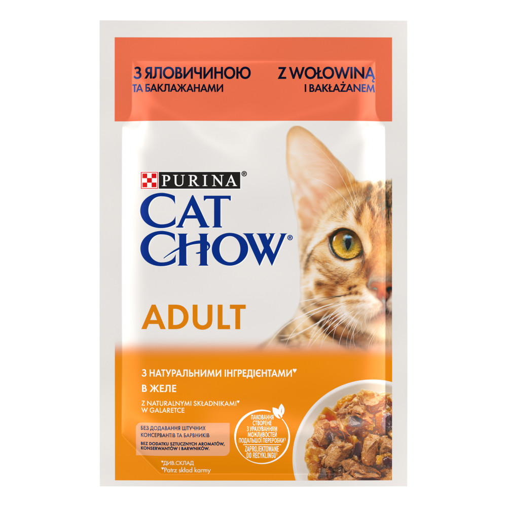 Корм Cat Chow Adult з яловичиною та баклажанами в желе вологий для дорослих котів 85г