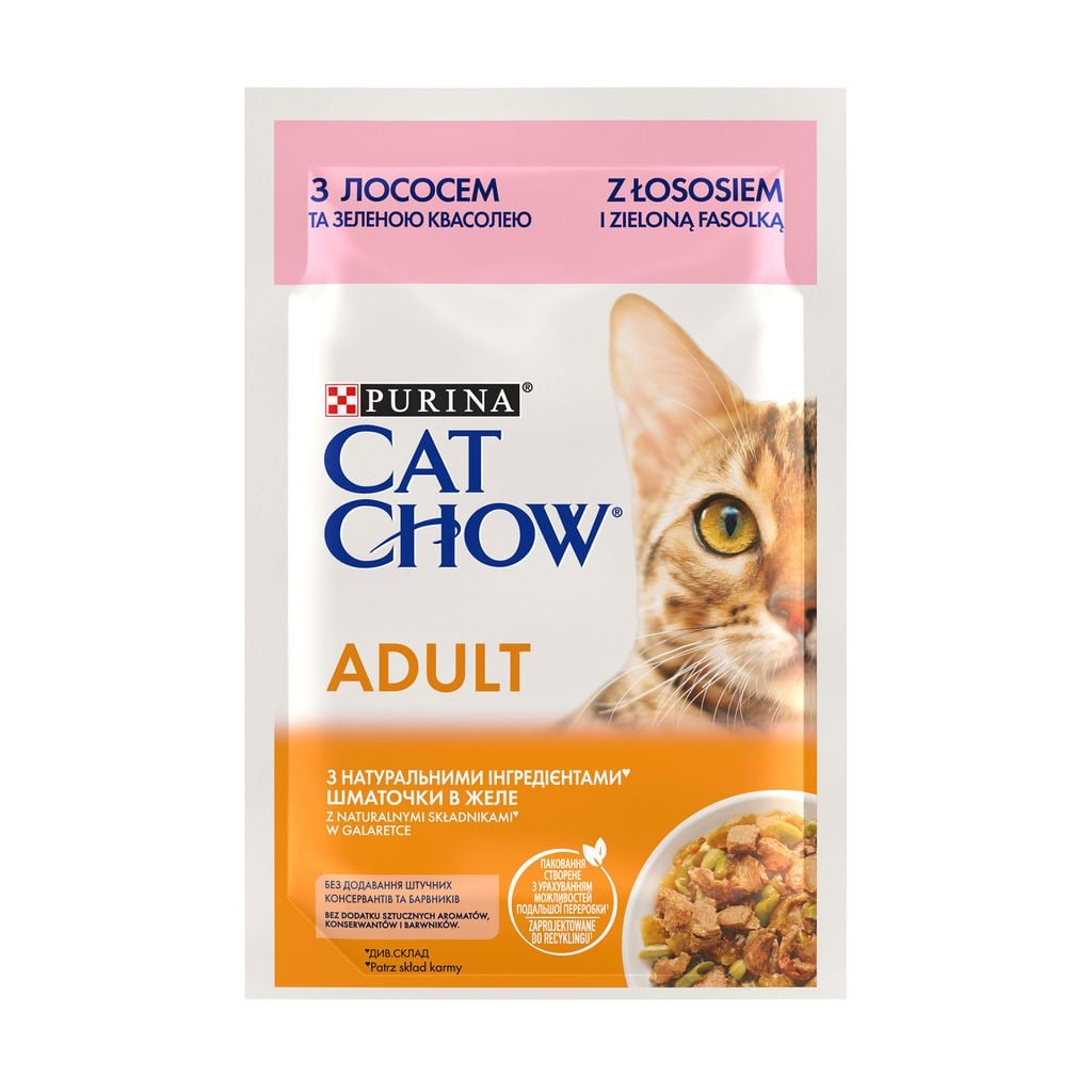 Корм Cat Chow Adult з лососем та зеленою квасолею в желе вологий для дорослих котів 85г