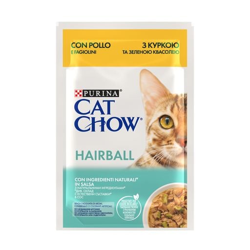 Корм Cat Chow Hairball з куркою та зеленою квасолею в желе проти утворення волосяних кульок вологий для котів 85г