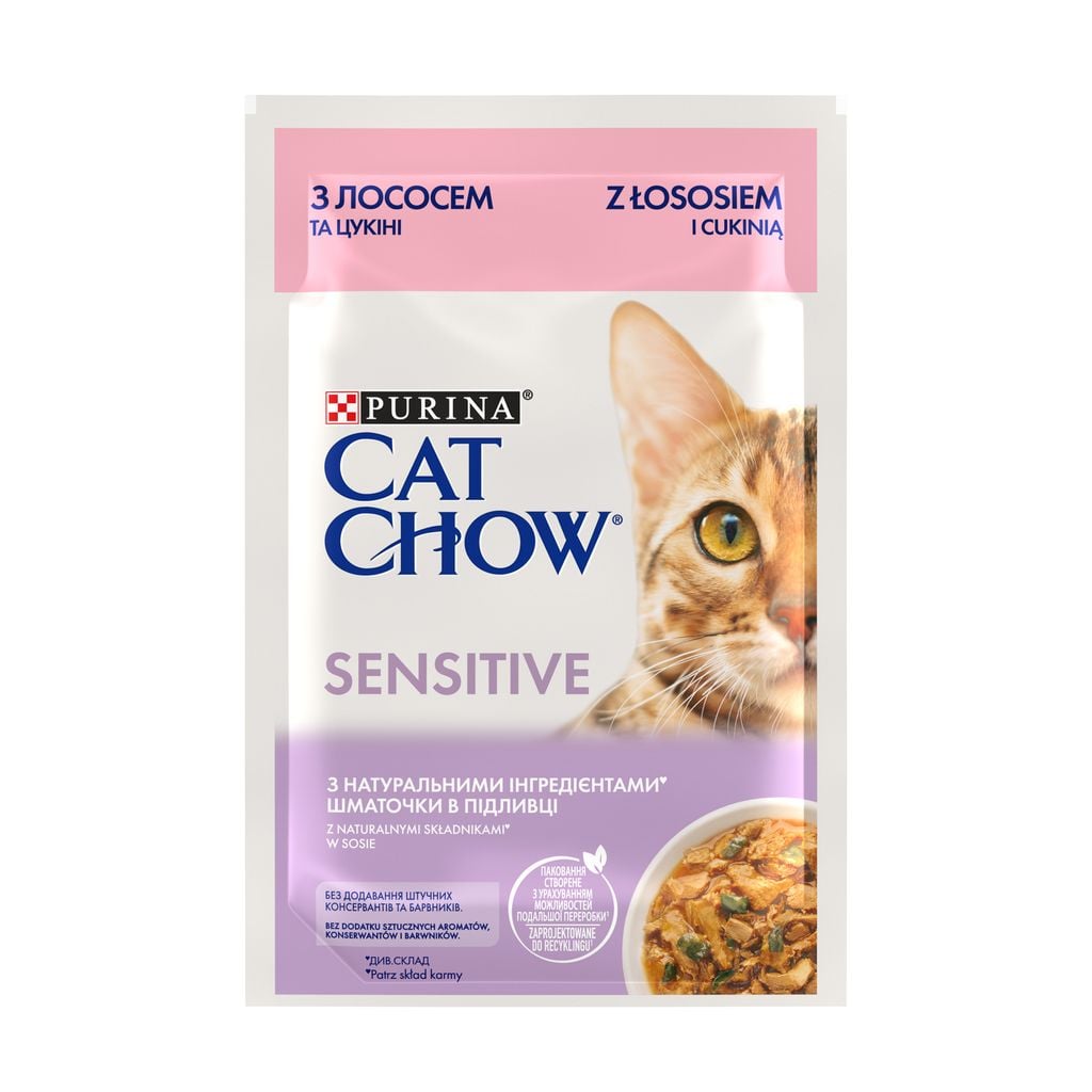 Корм Cat Chow Sensetive з лососем та цукіні в желе вологий для котів з чутливим травленням 85г